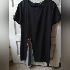 Short sleeve black dress with a shock of pleated multicolor twist & rhinestone
